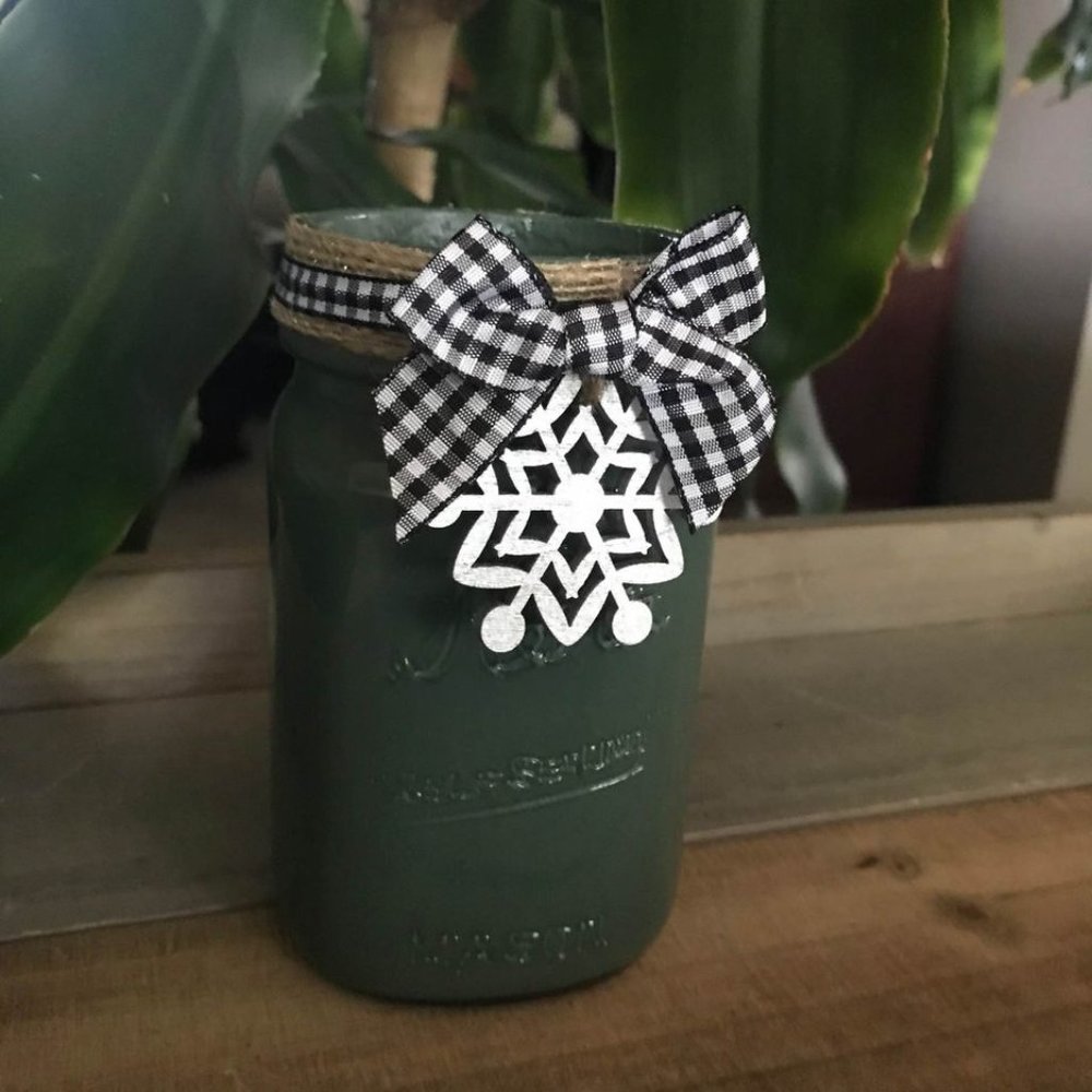 Spruce Green Mason Jar w/White & Black Buffalo Check Ribbon & Silver Snowflake